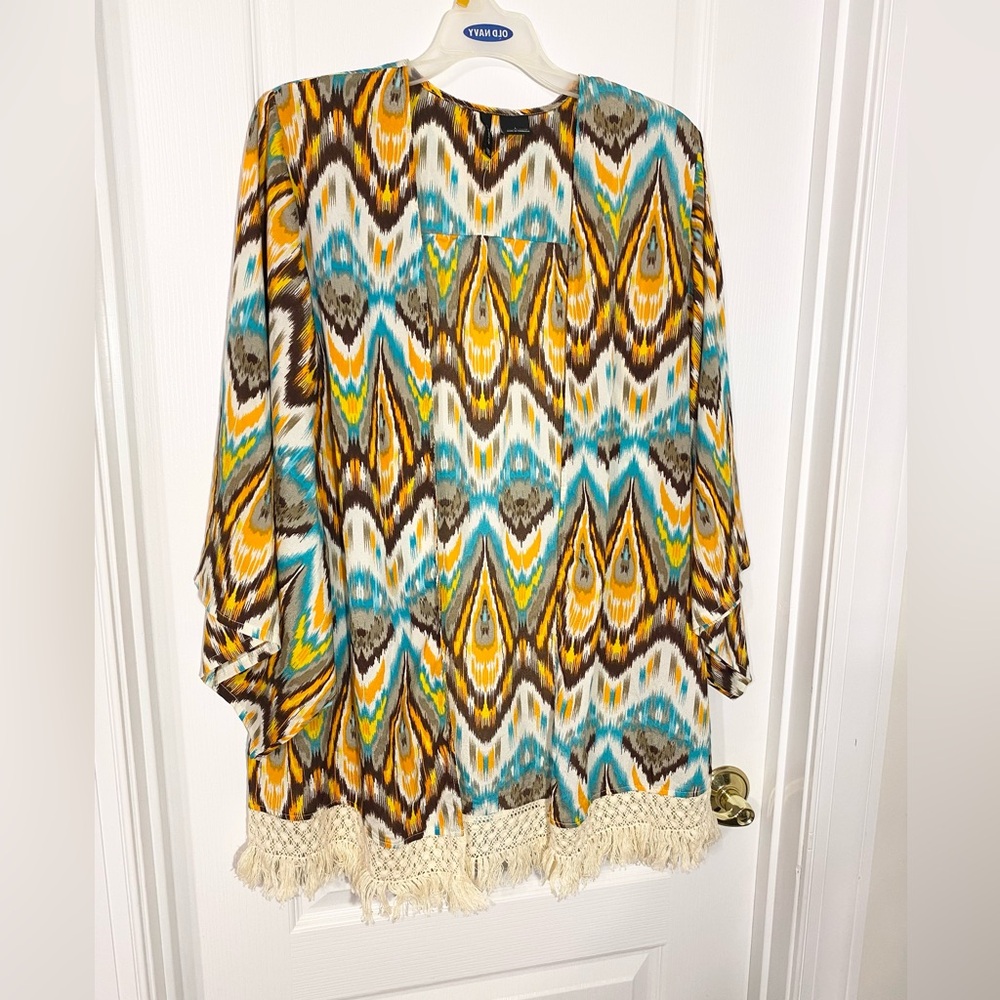 NEW New Directions Boho Ikat Print Crochet Fringe Kimono Cardigan Cover Up L